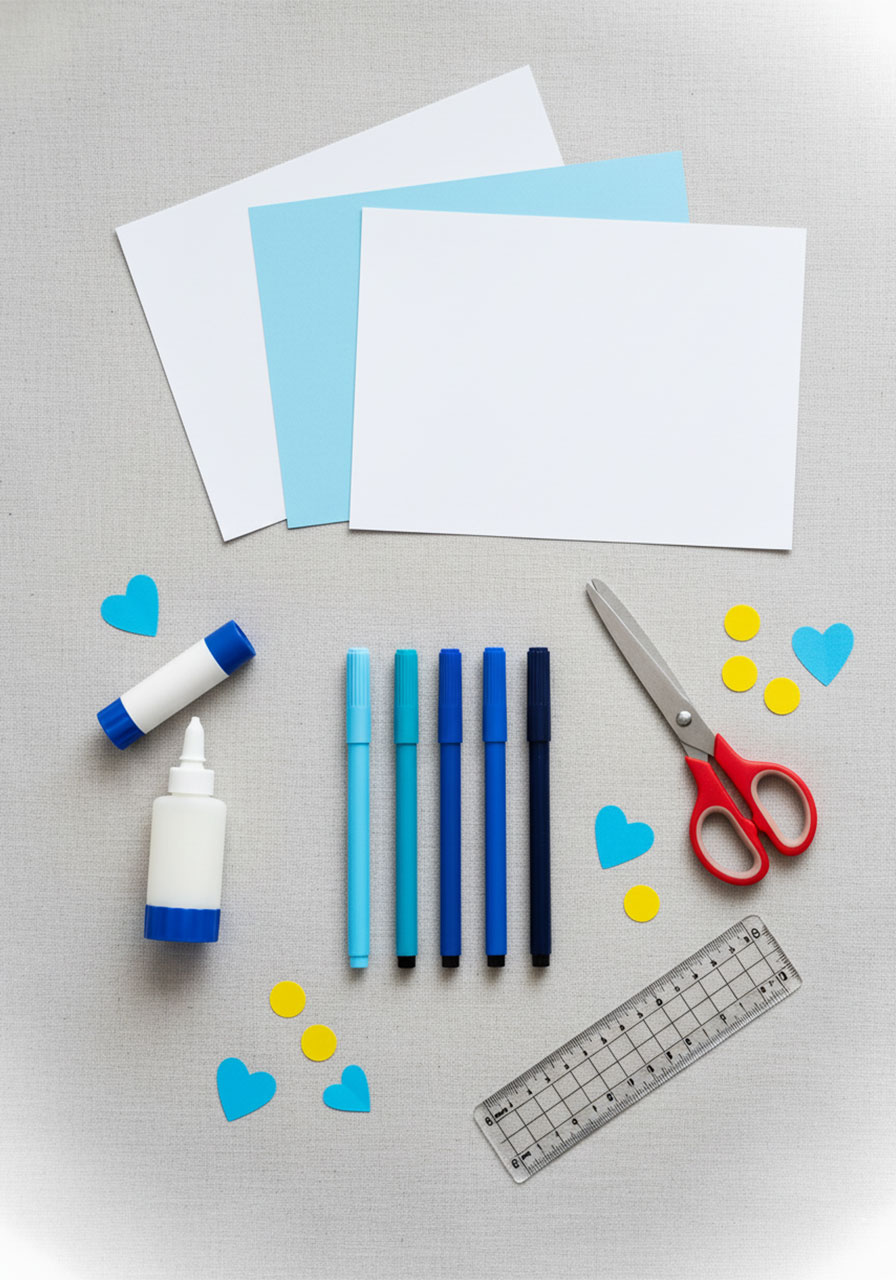 Flat lay of DIY Father's Day card supplies including white and blue cardstock, blue markers, scissors, glue stick, and ruler on gray surface