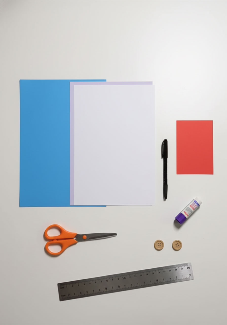 All materials needed to make a suit-and-tie Father's Day card laid flat on a white surface including blue, white, and red paper, scissors, glue, ruler, and buttons
