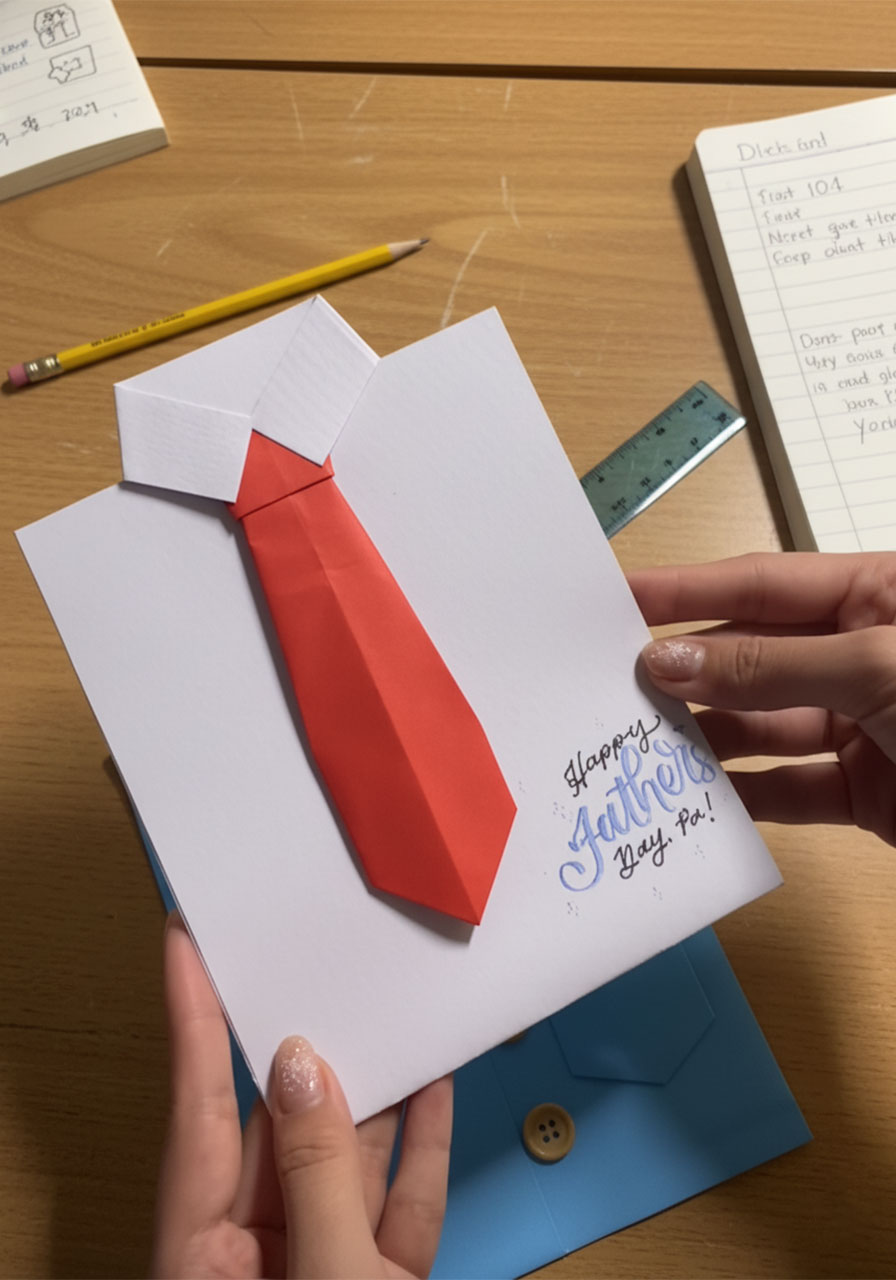 Hands sliding the white shirt insert out of a blue paper suit jacket Father's Day card to reveal a handwritten Happy Father's Day message