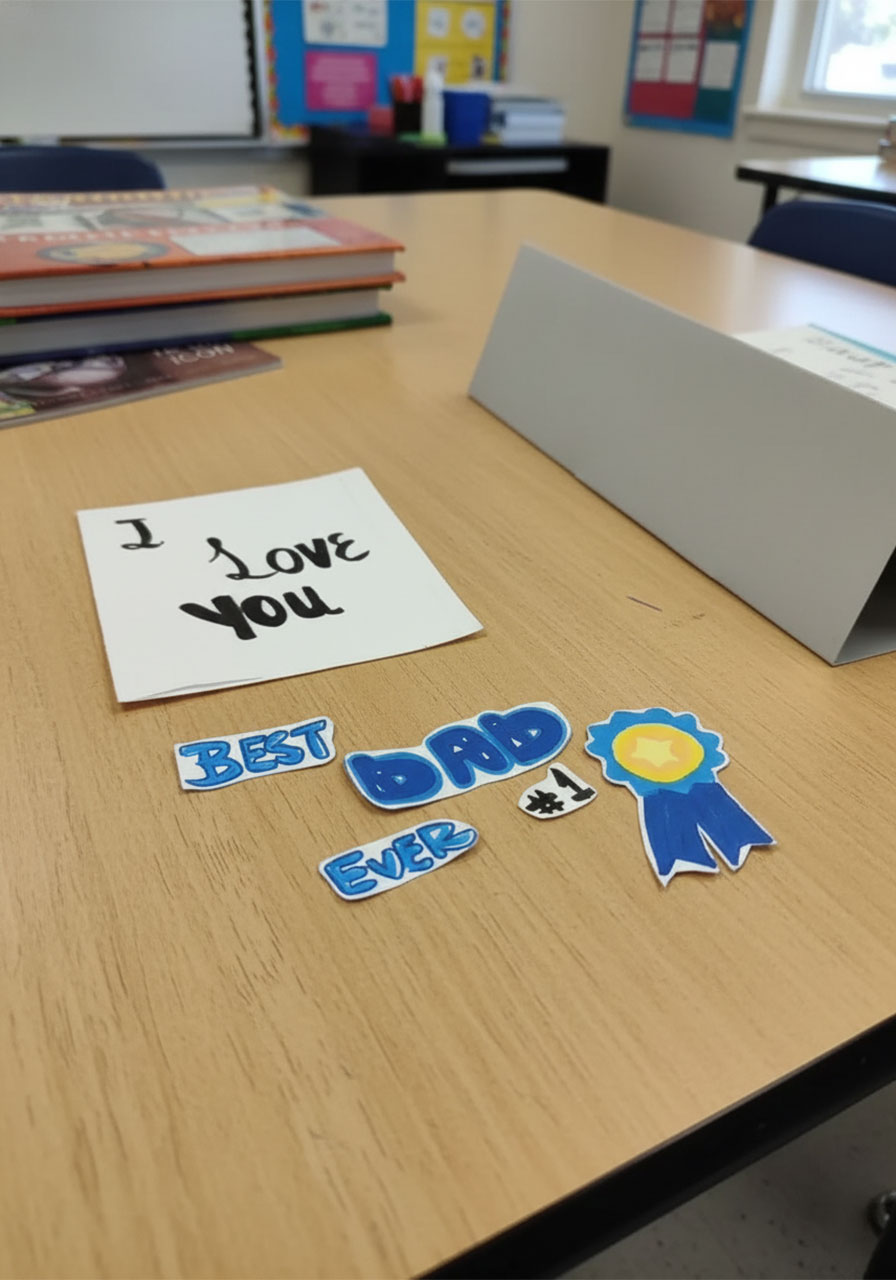 Completed Father's Day flip card open showing hand-lettered Best Dad Ever message across blue and white checkerboard panels with trophy and ribbon decorations