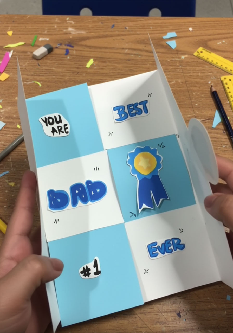 Father's Day interactive magic flip card fully unfolded showing all six panels with Best Dad Ever message hidden flaps I Love You and trophy decorations A