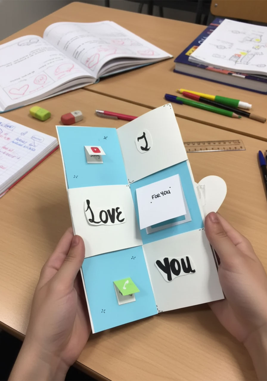 Father's Day interactive magic flip card fully unfolded showing all six panels with Best Dad Ever message hidden flaps I Love You and trophy decorations B