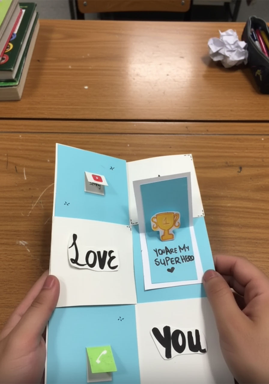 Father's Day interactive magic flip card fully unfolded showing all six panels with Best Dad Ever message hidden flaps I Love You and trophy decorations C
