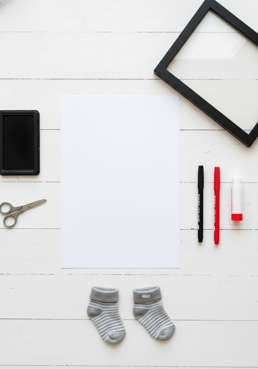 Flat lay of all supplies needed for Father's Day footprint craft including ink pad, cardstock, markers, scissors, and frame