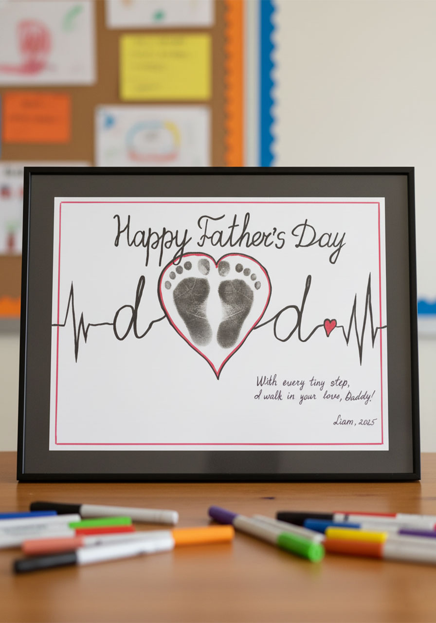 Completed framed Father's Day heartbeat footprint art with baby footprints inside a red heart and EKG line spelling Dad