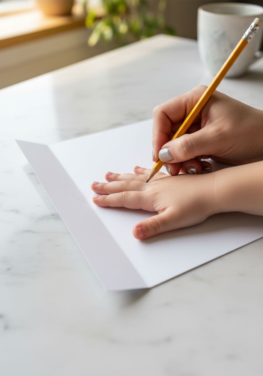 Adult tracing a child's hand on folded white cardstock with pinky along the fold for Father's Day handprint card craft