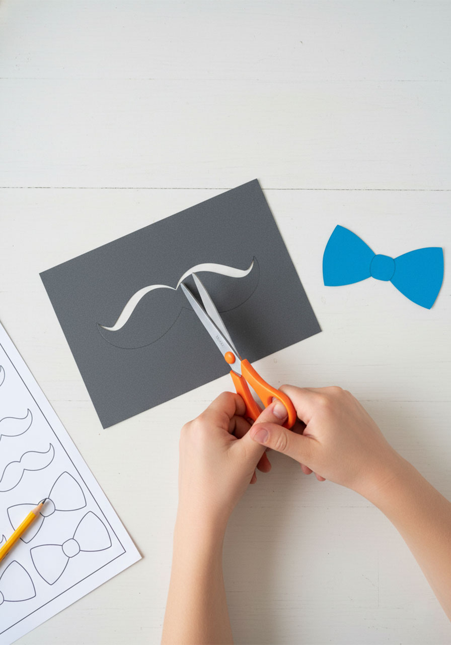 Child cutting out a gray mustache shape from cardstock next to a completed blue bow tie cutout for Father's Day handprint card step 4