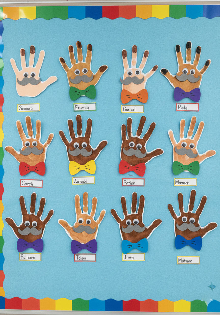 Elementary school classroom bulletin board displaying twelve Father's Day handprint cards in different skin tones and bow tie colors for a class Father's Day craft project