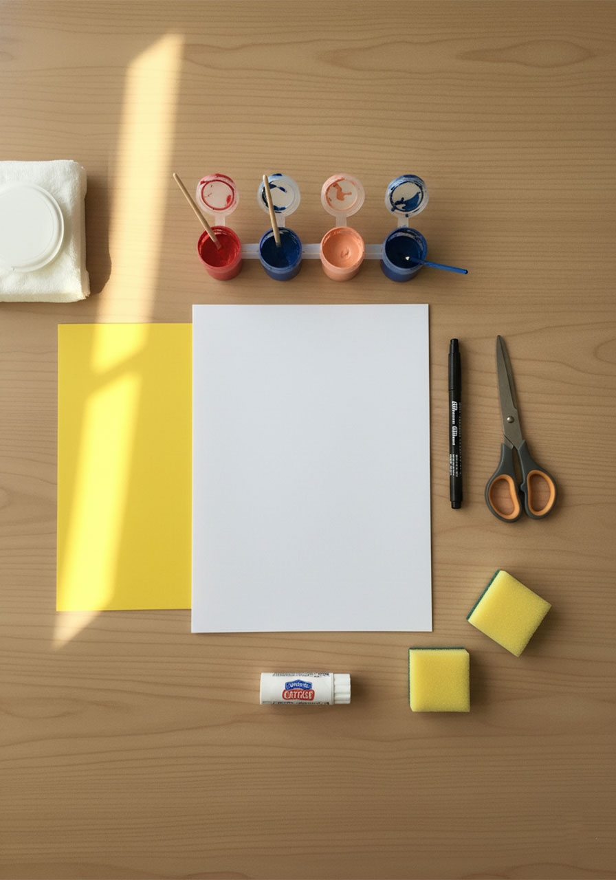 Flat lay of all supplies needed for the Father's Day handprint Mini-Me Dad craft including tempera paint, white cardstock, yellow construction paper, Sharpie marker, scissors, and sponges