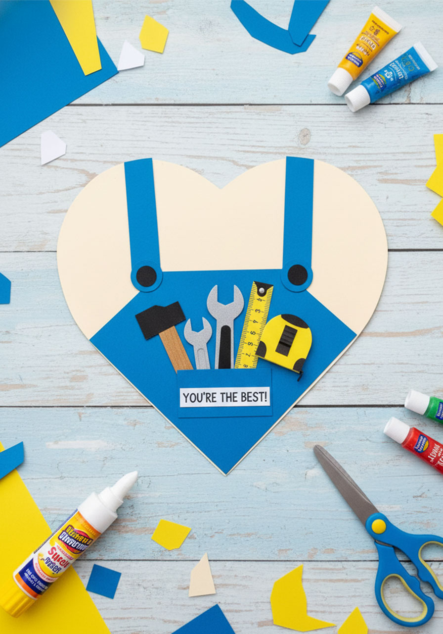 Completed Father's Day handy dad heart card with blue overalls, tools, and DAD written on pocket