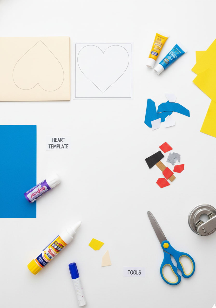 All craft supplies needed to make a Father's Day handy dad heart card including cardstock, construction paper, scissors, and glue