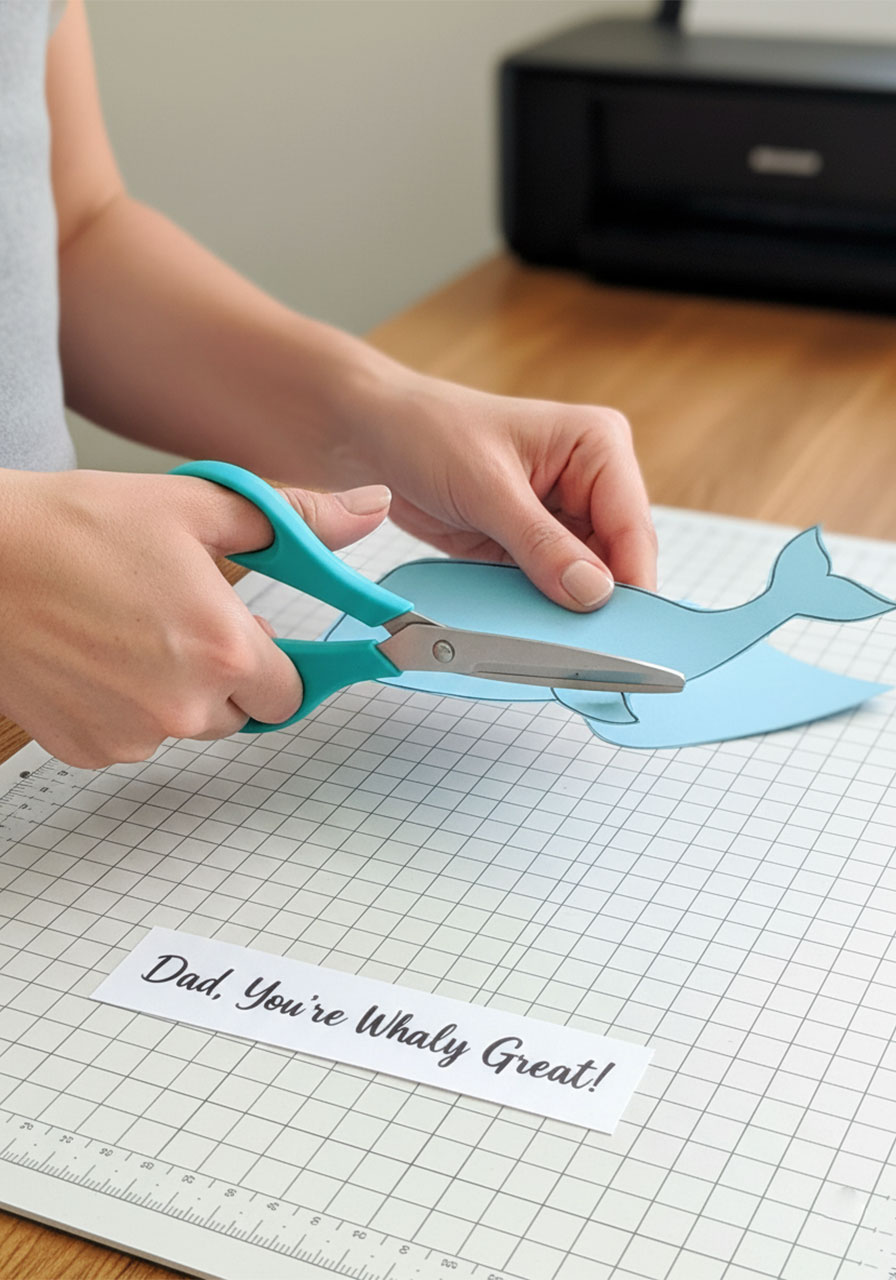 Hands cutting out light blue whale template from cardstock for Father's Day pop up card with printed message strip already cut beside it