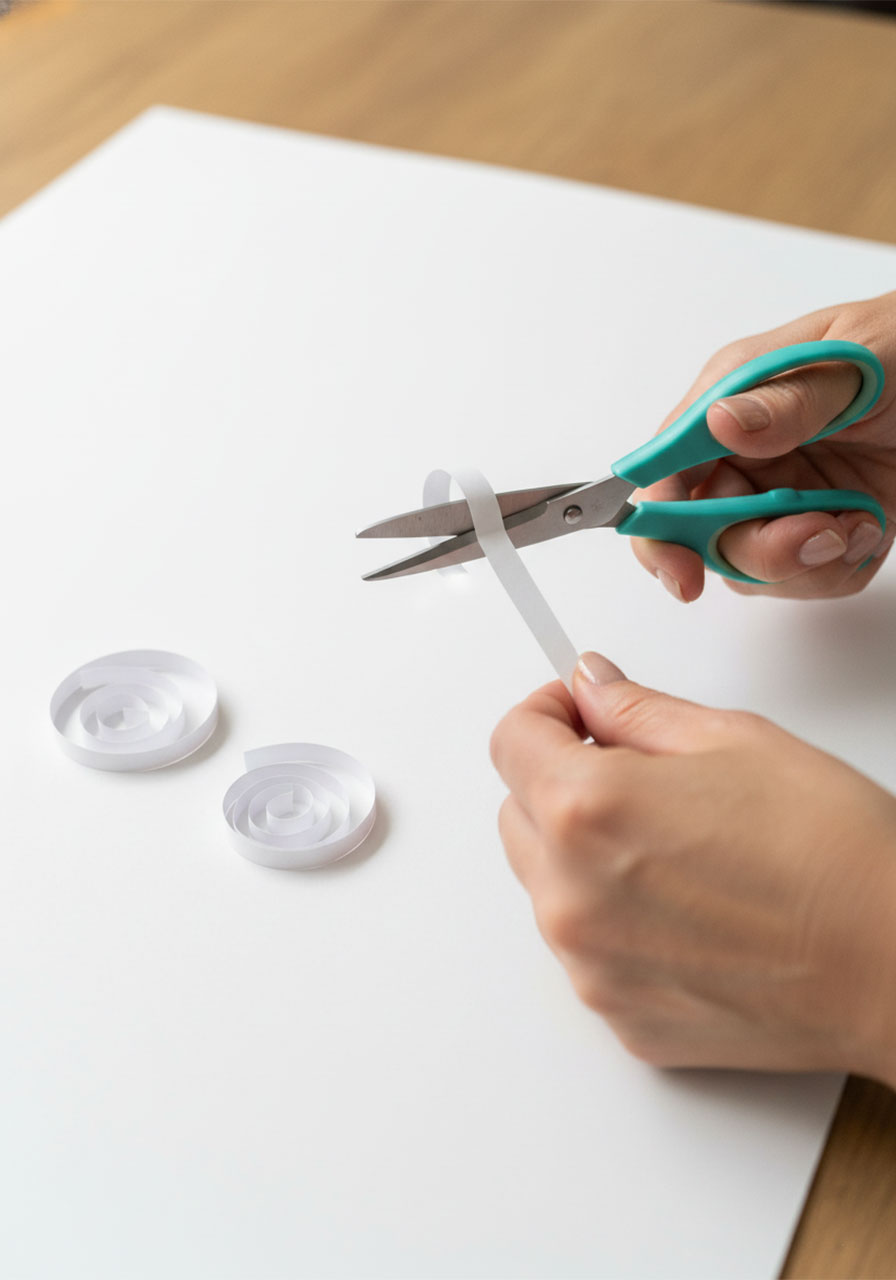 Hands curling white paper strips along scissors blade to make whale waterspout for Father's Day pop up card step by step tutorial