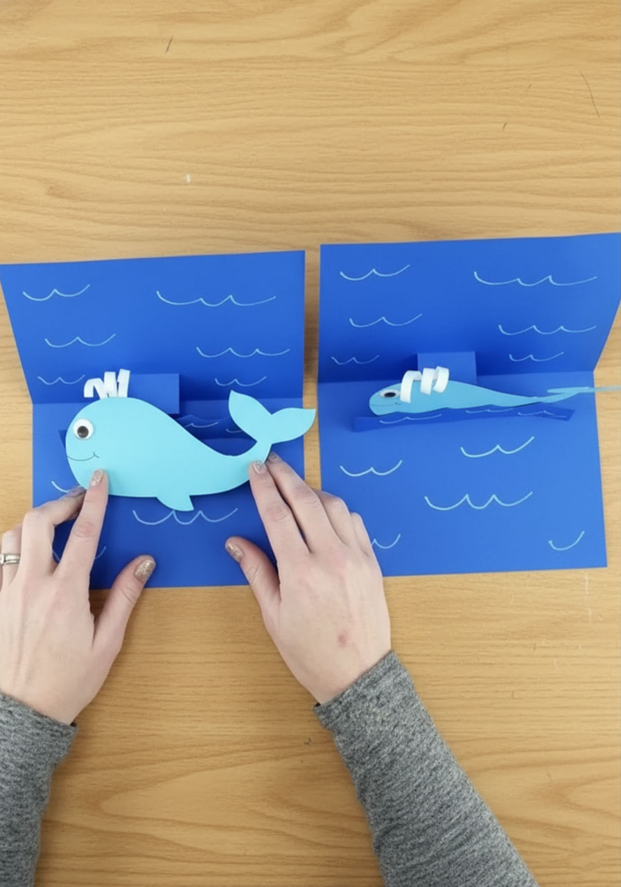 Royal blue cardstock card open at 90 degrees showing the pop up platform tab standing upright inside the card crease for Father's Day whale card step by step step6b