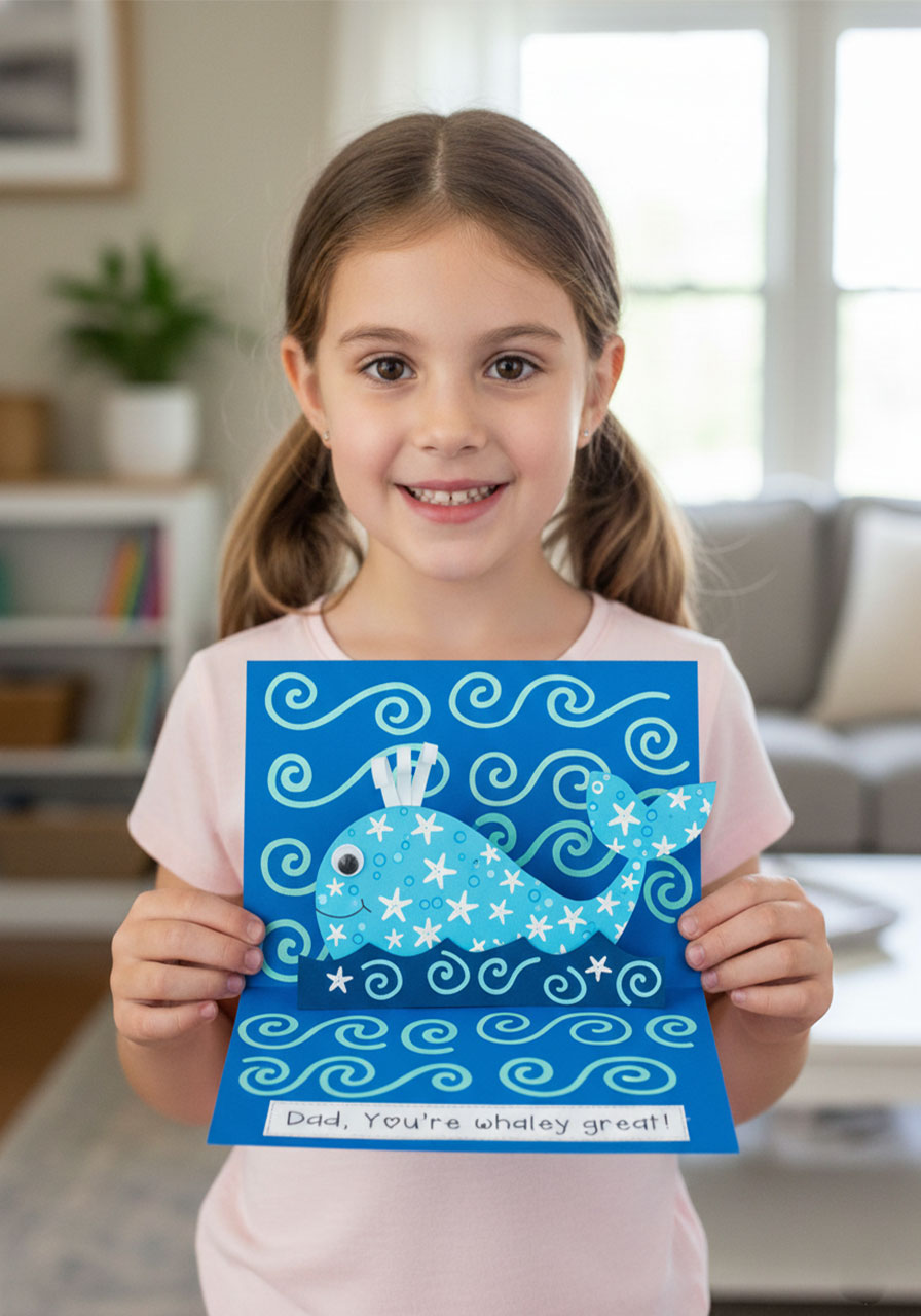 Hand drawing white chalk wave squiggles on royal blue cardstock inside of Father's Day whale pop up card before attaching whale