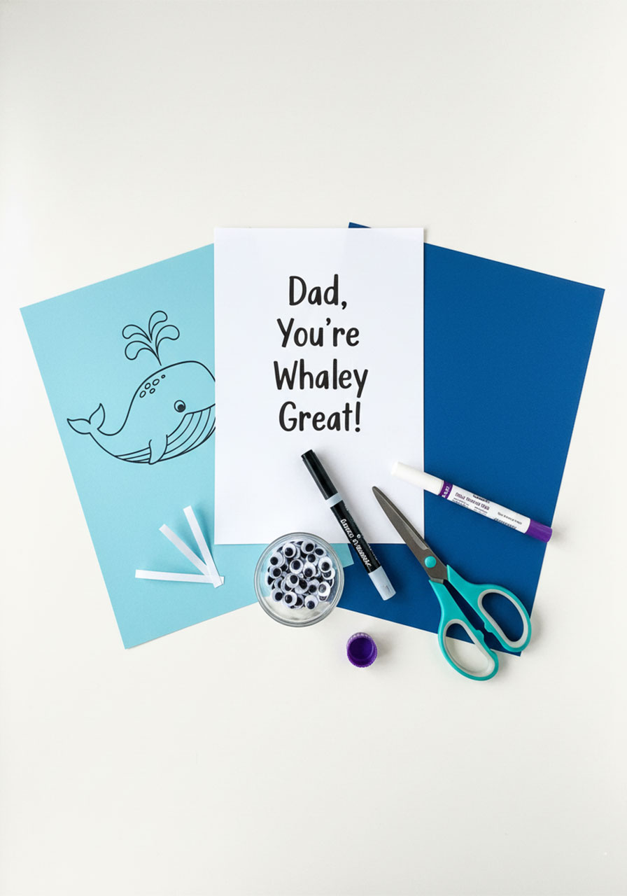 All supplies needed for Father's Day whale pop up card including blue cardstock, googly eyes, white chalk marker, glue stick, and scissors laid out in flat lay overhead view
