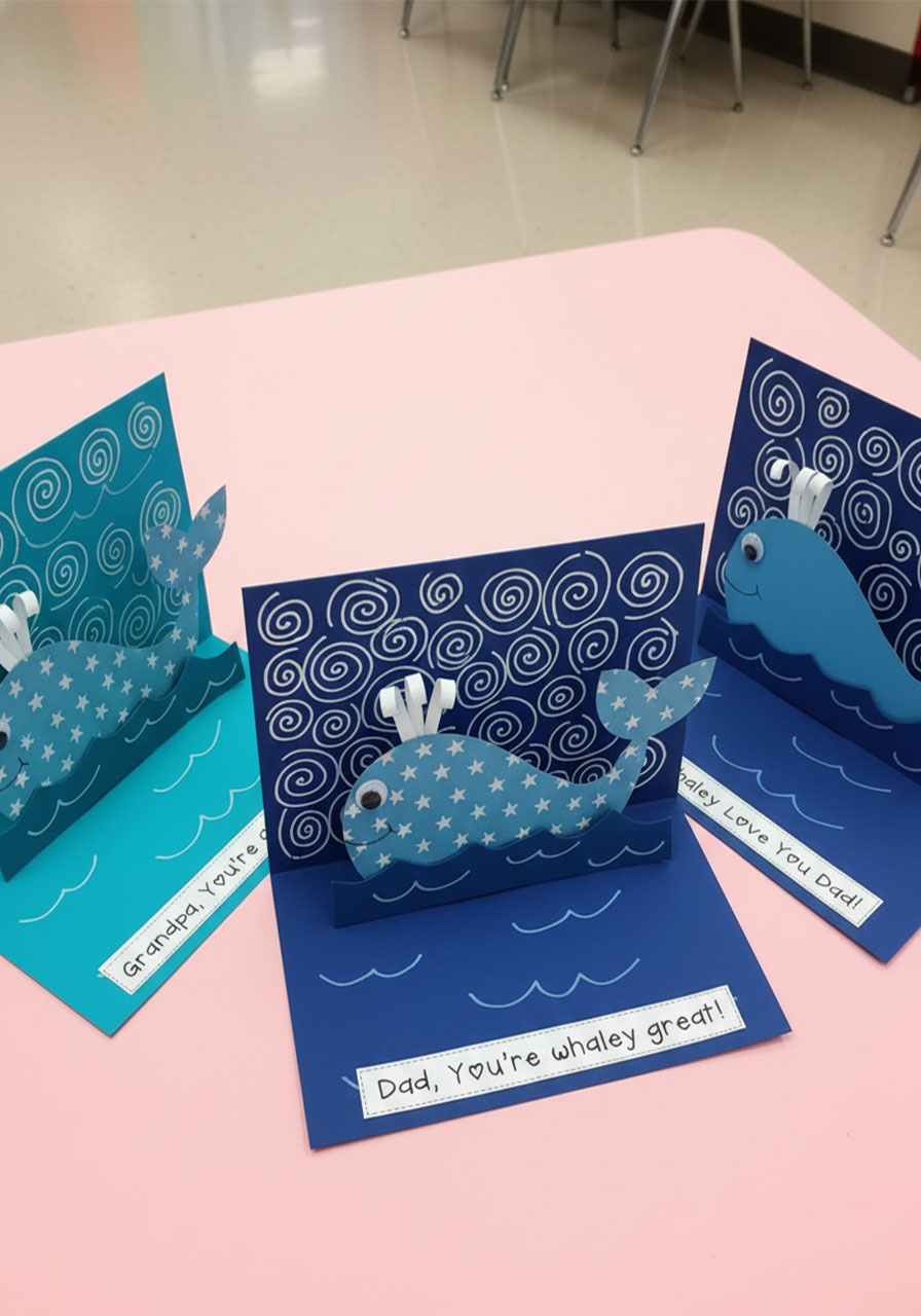 Three Father's Day whale pop up card versions side by side showing Dad, Grandpa, and I Whaley Love You Dad options in teal, royal blue, and powder blue cardstock