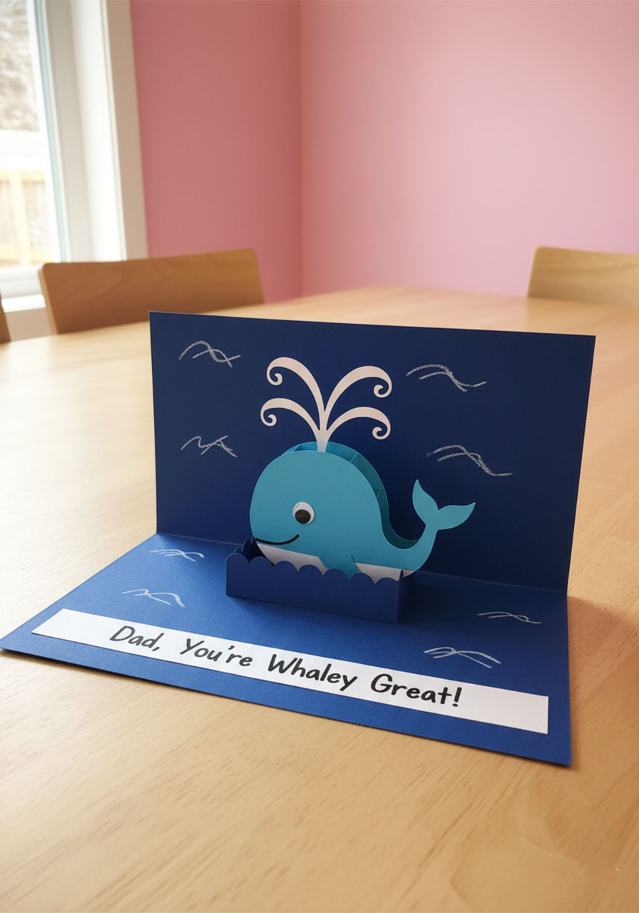 Finished Father's Day pop up card open on table showing light blue whale with googly eye, white waterspout, and "Dad, You're Whaley Great!" message on royal blue cardstock