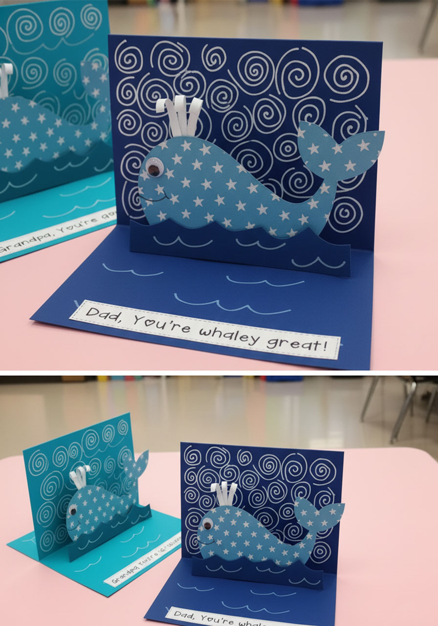 Father's Day pop up card whale craft tutorial showing finished royal blue card with whale popping up inside, Dad You're Whaley Great message, Pinterest save image