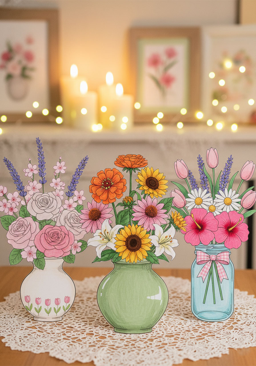 Finished DIY printable flower bouquet craft display in decorative paper vases