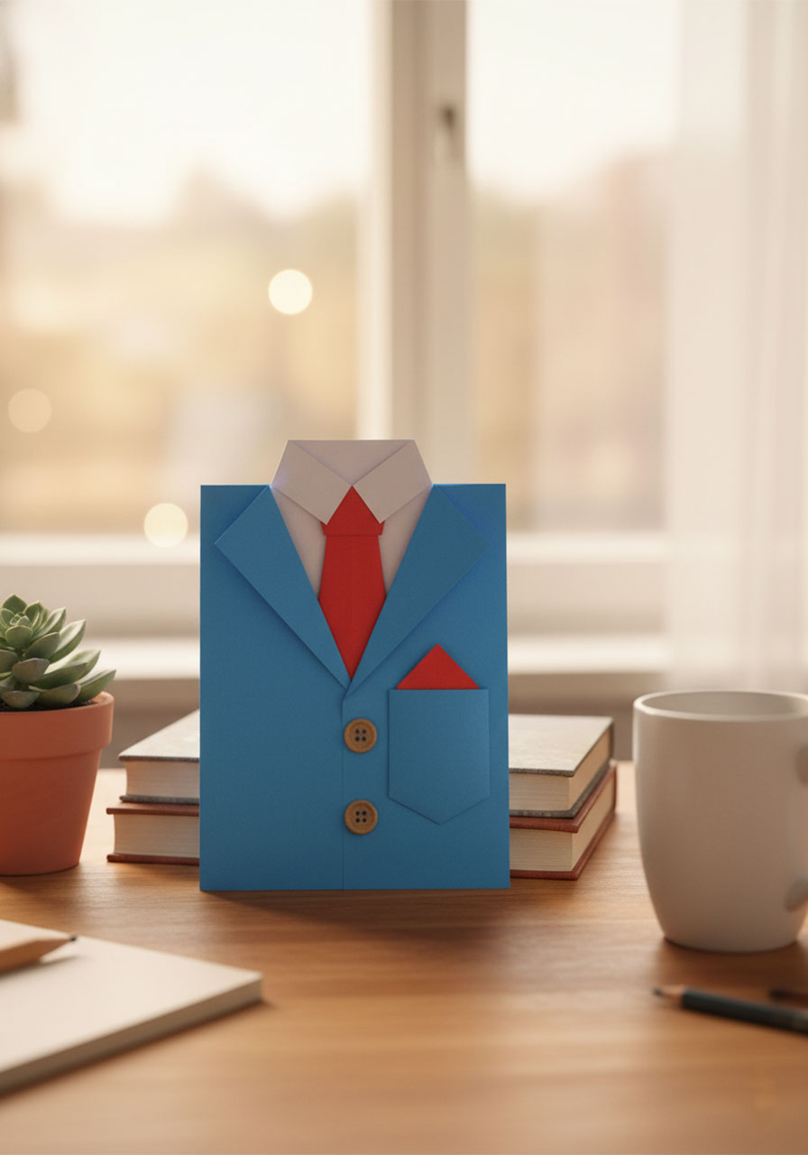 Completed handmade blue suit jacket Father's Day card propped on a wood desk between a succulent plant and coffee mug in a cozy home office setting