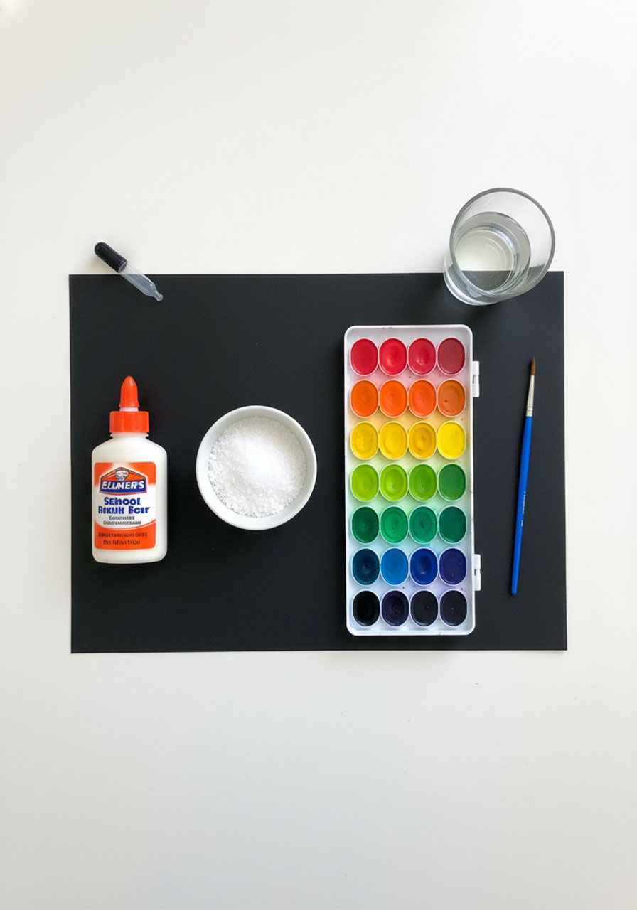 All supplies needed for firework salt painting including Elmer's glue salt watercolor paints brush and eyedropper on black cardstock