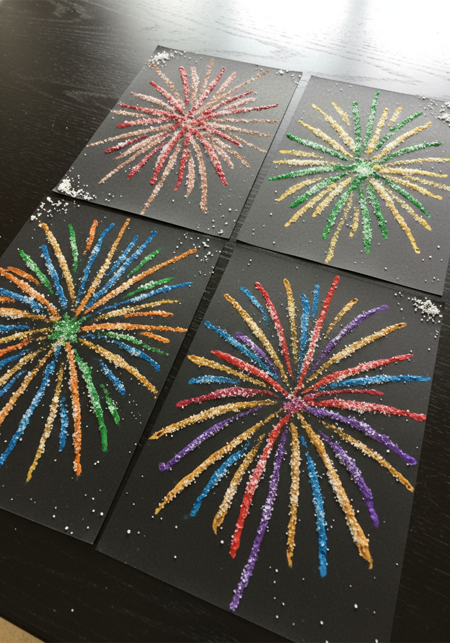 Four completed firework salt paintings on black cardstock showing vibrant watercolor firework designs in red gold green and purple