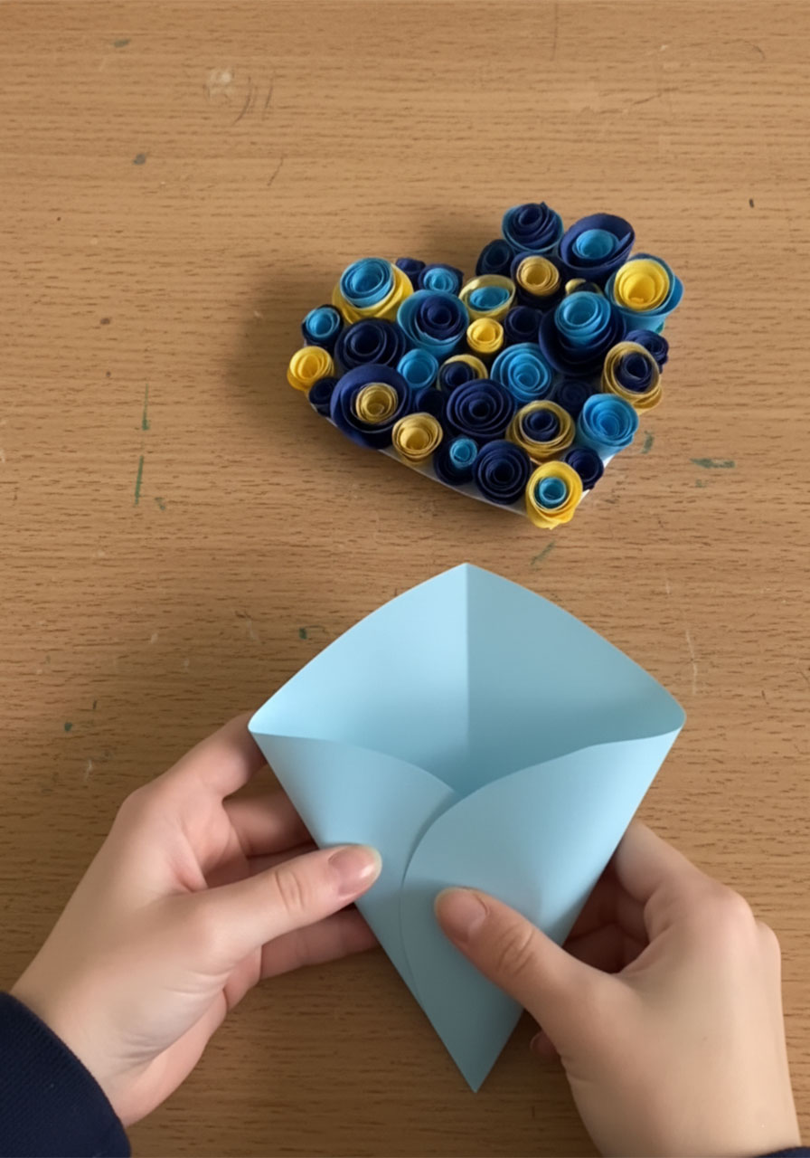 Folding a blue cardstock heart shape into a paper cone bouquet wrapper — DIY Father's Day paper rose bouquet tutorial step 4a