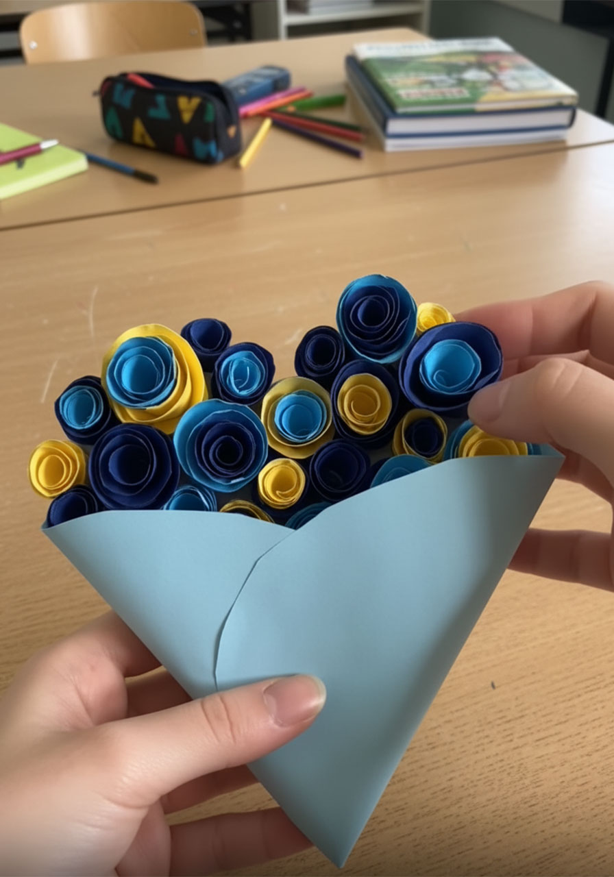 Folding a blue cardstock heart shape into a paper cone bouquet wrapper — DIY Father's Day paper rose bouquet tutorial step 4b