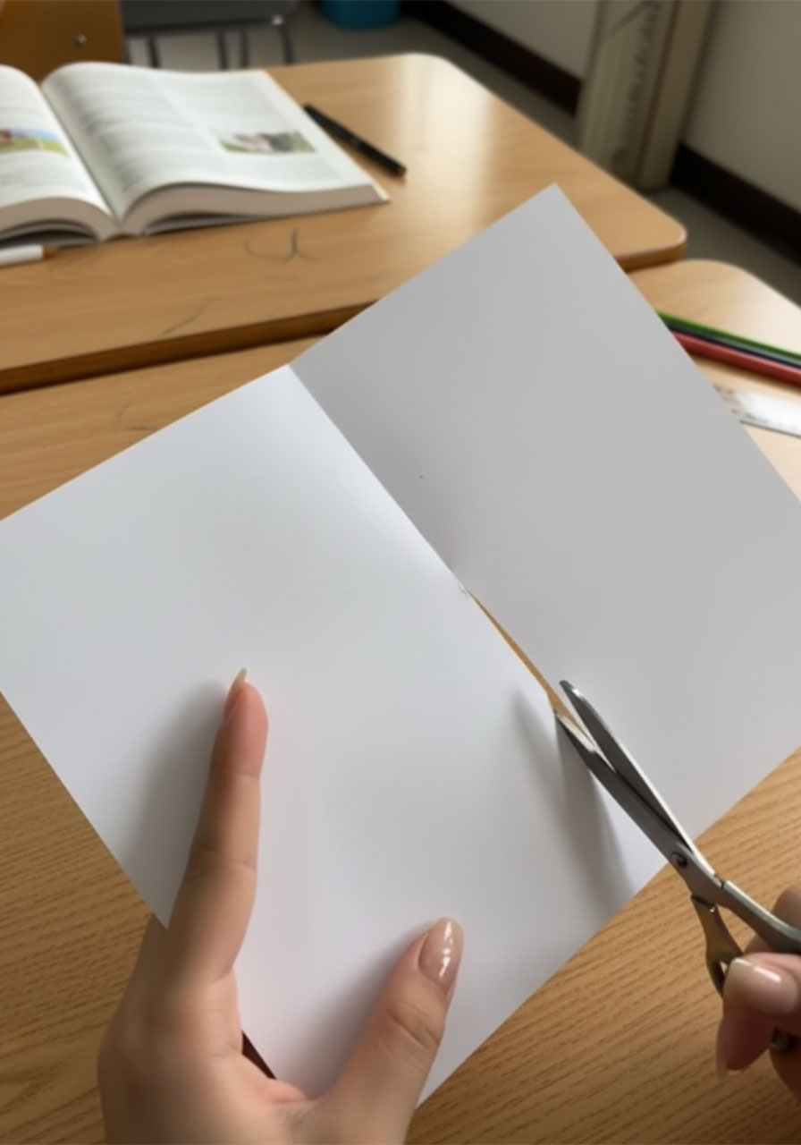 Hands folding white paper into a V-shaped shirt collar for a DIY Father's Day card insert, showing the diagonal crease mid-fold step2a