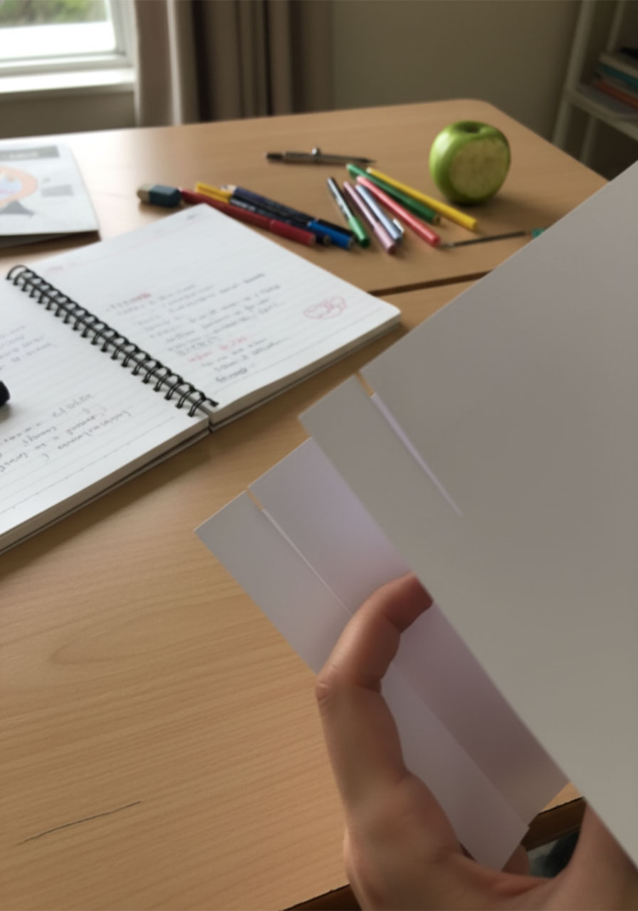 Hands folding white paper into a V-shaped shirt collar for a DIY Father's Day card insert, showing the diagonal crease mid-fold step2d