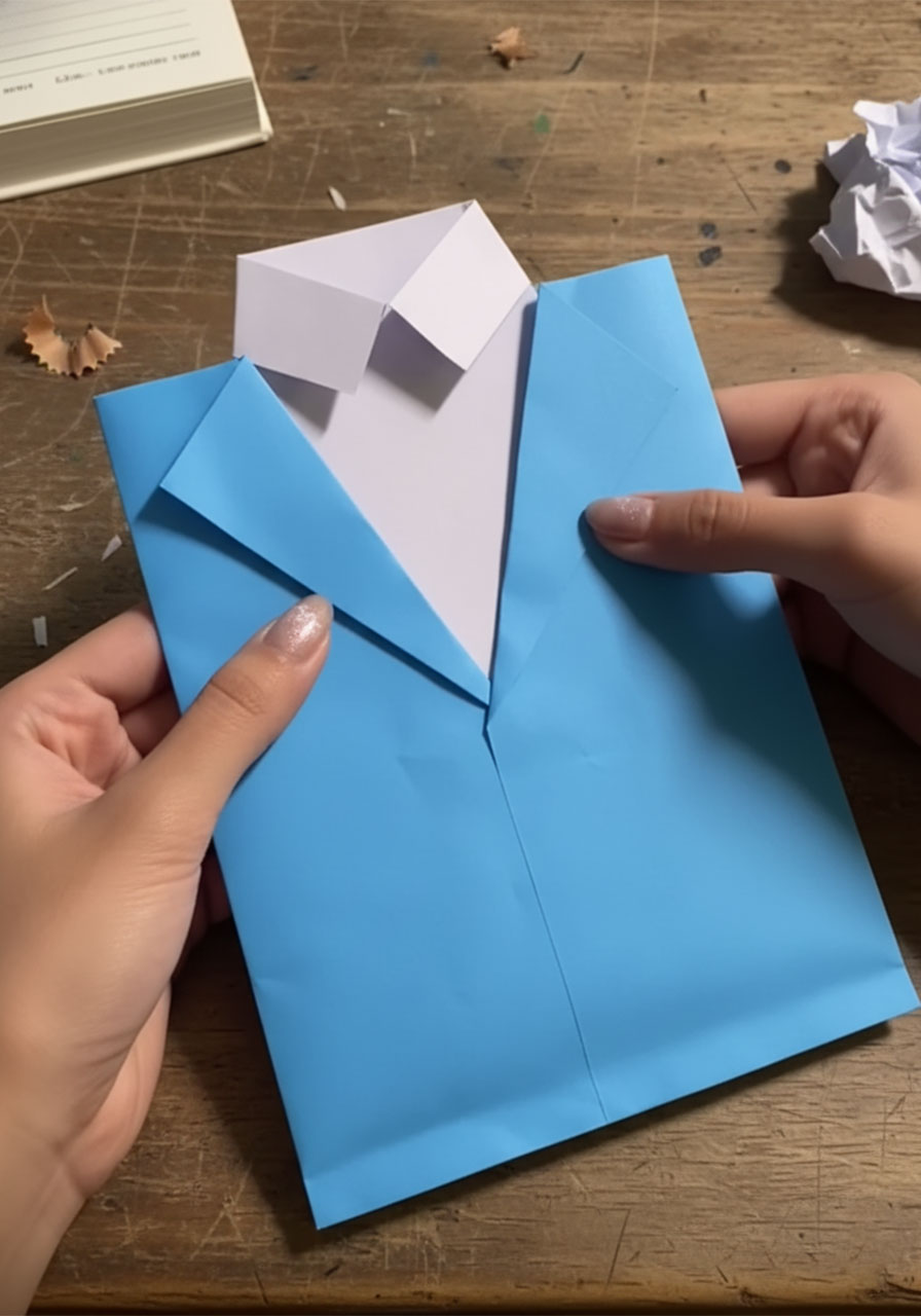 Hands folding white paper into a V-shaped shirt collar for a DIY Father's Day card insert, showing the diagonal crease mid-fold step2e