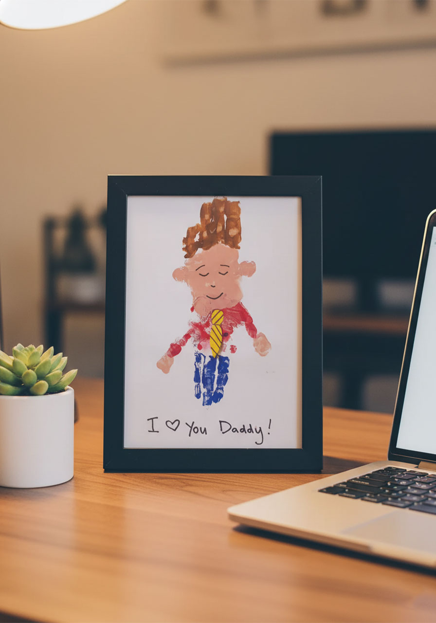 Completed handprint Mini-Me Dad Father's Day keepsake displayed in a black picture frame on a wooden desk alongside a small succulent plant, showing how to frame and display the finished DIY gift