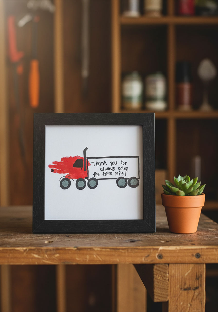 Adult drawing black Sharpie truck details including wheels window and exhaust pipe onto dried red handprint for Father's Day card
