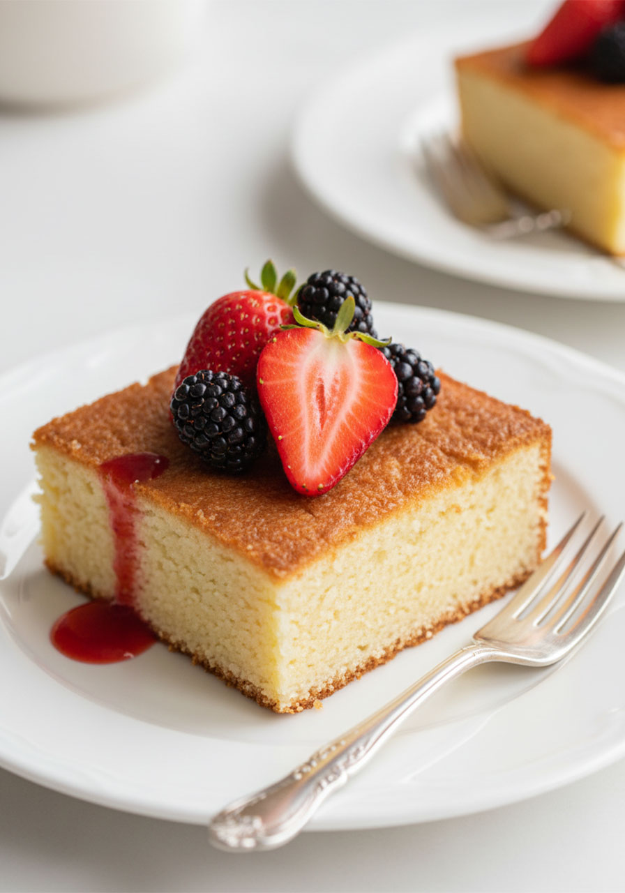 Gluten-free French butter cake slice topped with fresh strawberries and blackberries as a fruit topping variation