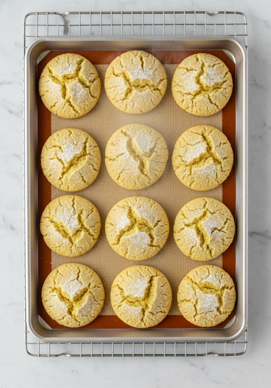 Freshly baked gluten-free lemon crinkle cookies just out of the oven on a silicone-lined baking sheet, showing golden color and crinkle cracks