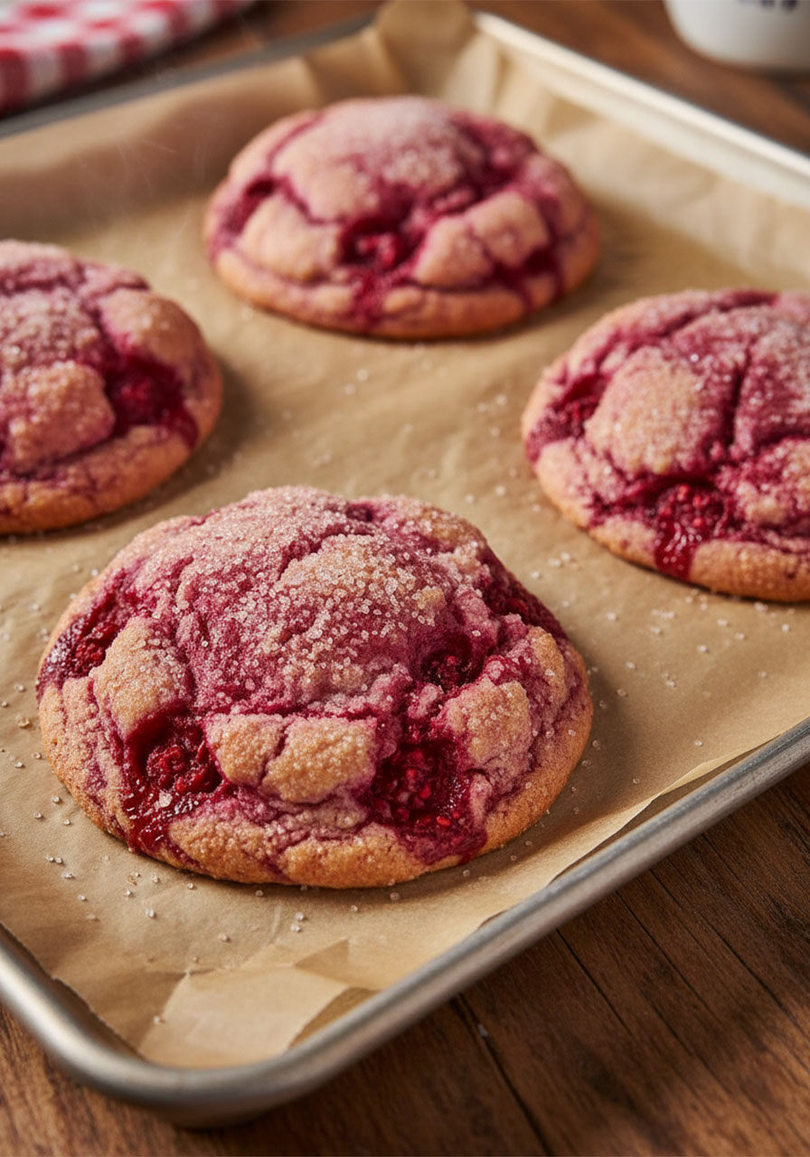 Freshly baked gluten free raspberry sugar cookies on a parchment-lined baking sheet straight from the oven