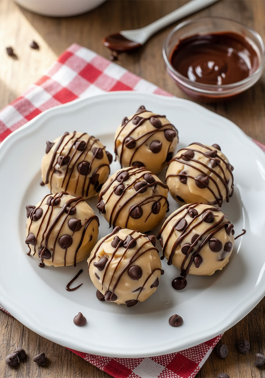 Frozen peanut butter yogurt bites with dark chocolate drizzle on a white plate, showing the chocolate drizzle variation recipe