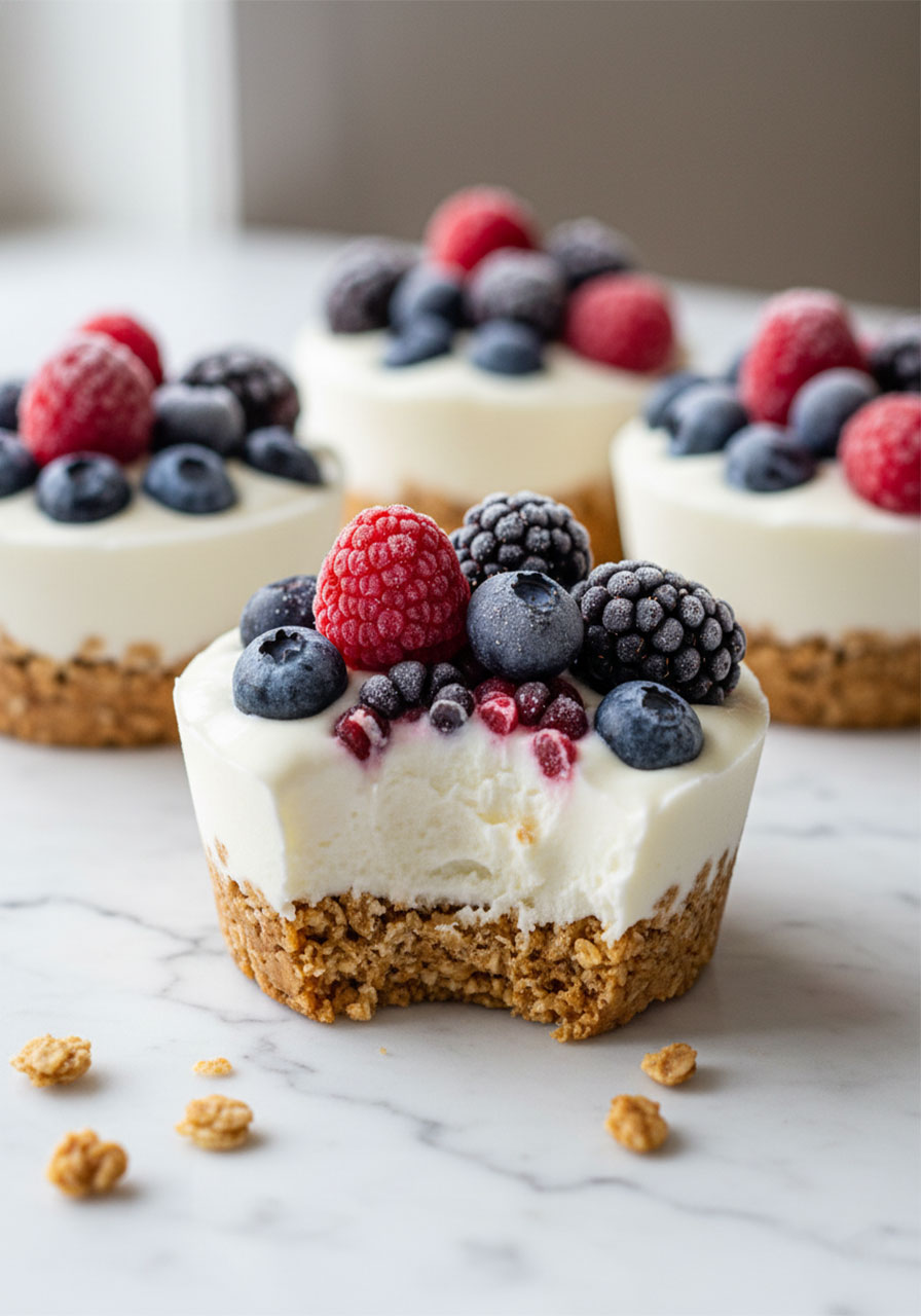 Frozen yogurt granola cup with a bite taken out showing creamy Greek yogurt center and fresh berry topping