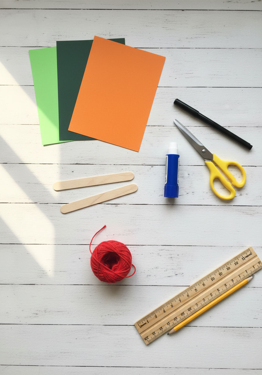 All supplies needed for fruit paper fan craft including colored cardstock, popsicle sticks, scissors, and glue stick laid out flat