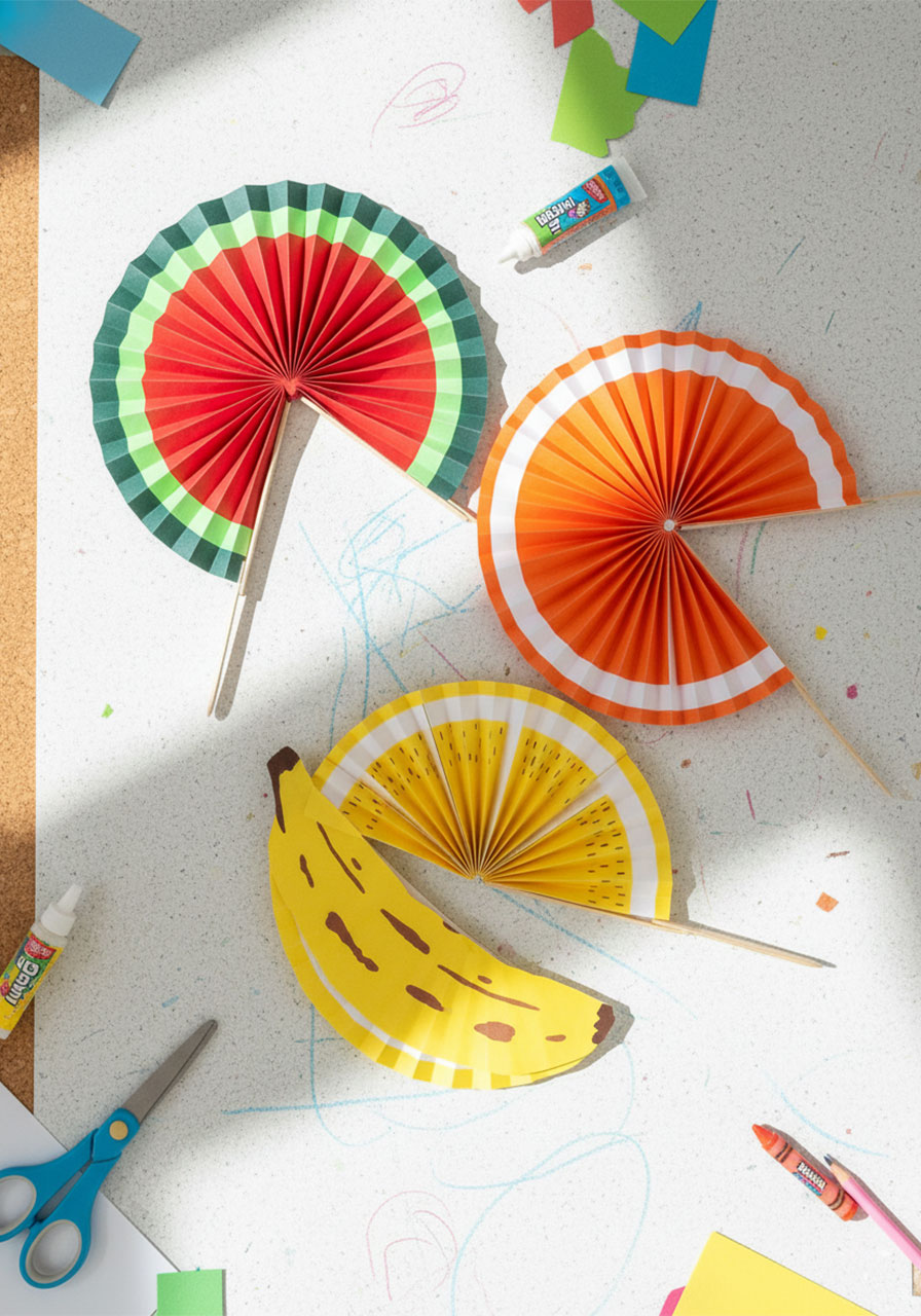 All three completed fruit paper fan crafts for kids — watermelon, lemon, and orange slice designs displayed together	