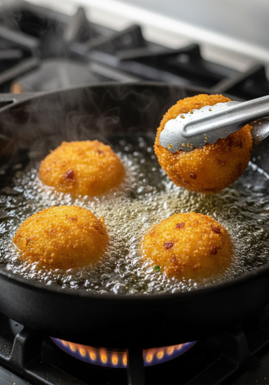Buffalo chicken bacon mozzarella bombs frying in sizzling hot oil in cast iron pan with tongs