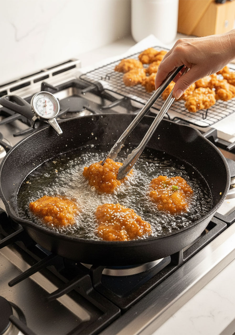Frying gluten free orange chicken pieces in hot oil in a cast iron skillet until golden brown and crispy