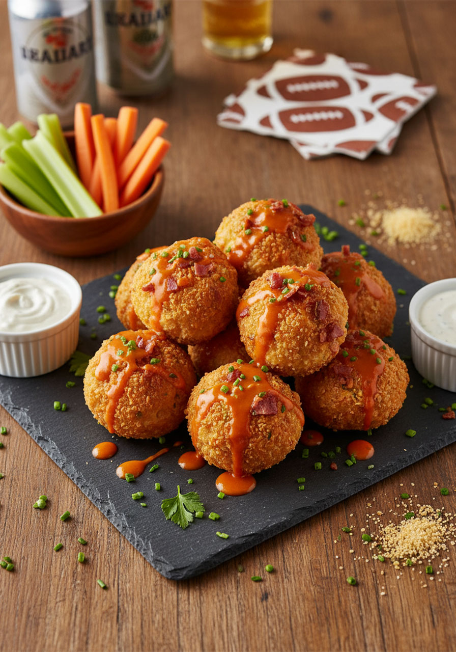 Game day party food spread featuring buffalo chicken bacon mozzarella bombs with dipping sauces, celery sticks, and cold beer on wooden table