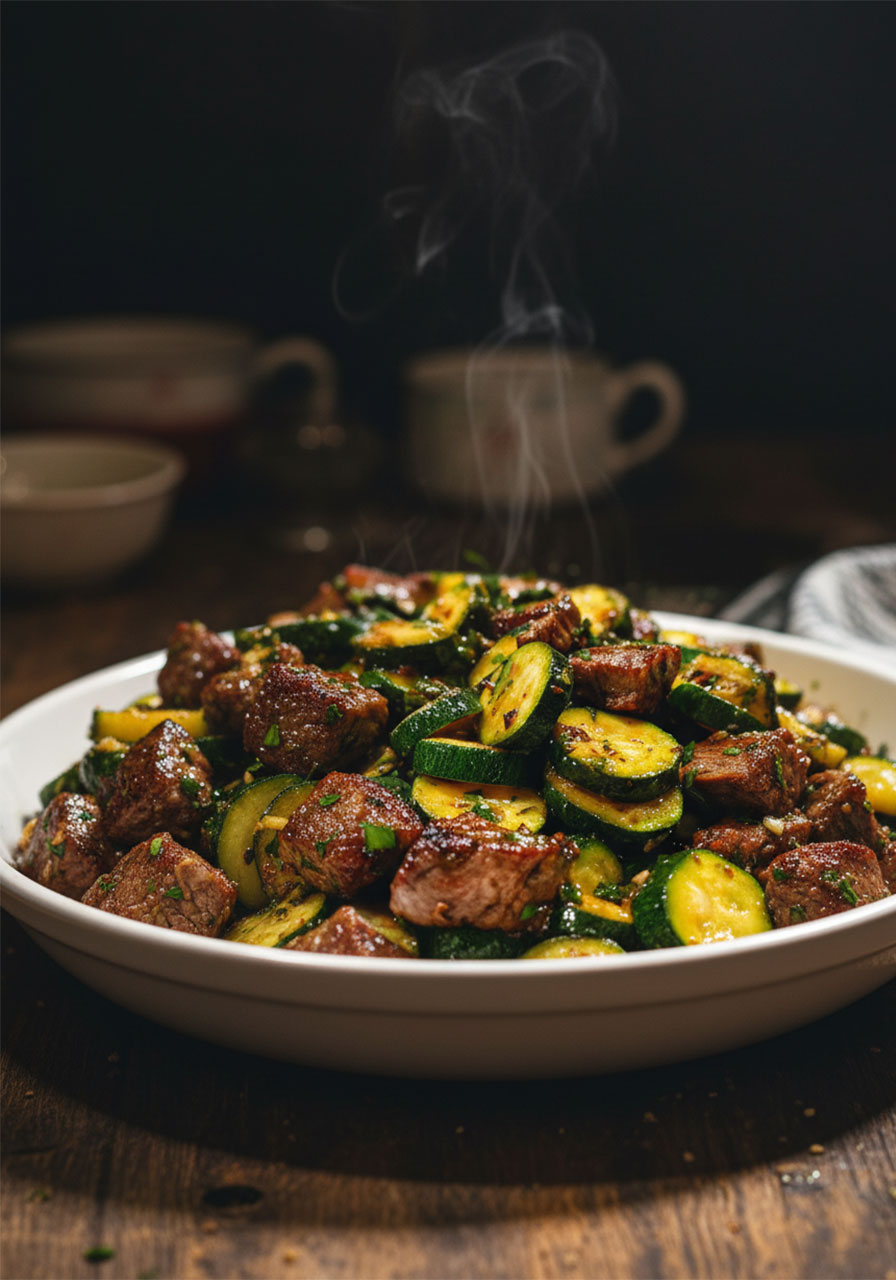 Garlic butter steak bites with zucchini in a white bowl, easy 15-minute low carb dinner