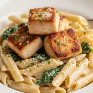Close-up of garlic parmesan chicken pasta with golden seared chicken, spinach, creamy parmesan sauce, and fresh parsley in a white bowl