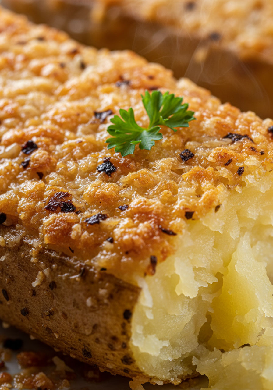 Extreme close-up of a single baked garlic parmesan potato wedge showing the crispy golden parmesan crust texture and fluffy interior