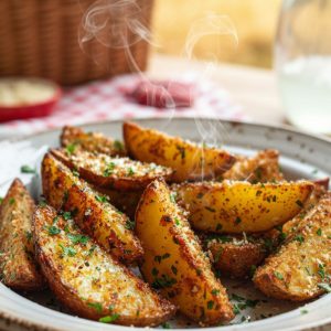 Crispy garlic parmesan potato wedges on a white plate with fresh parsley garnish — easy party side dish