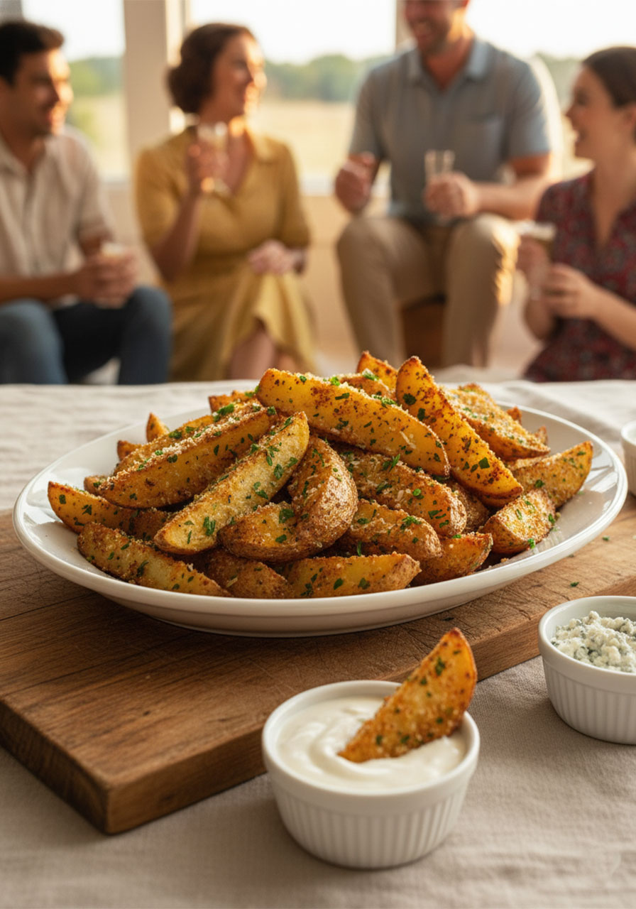 Party platter of baked garlic parmesan potato wedges served with ranch and blue cheese dipping sauces on a wooden serving board