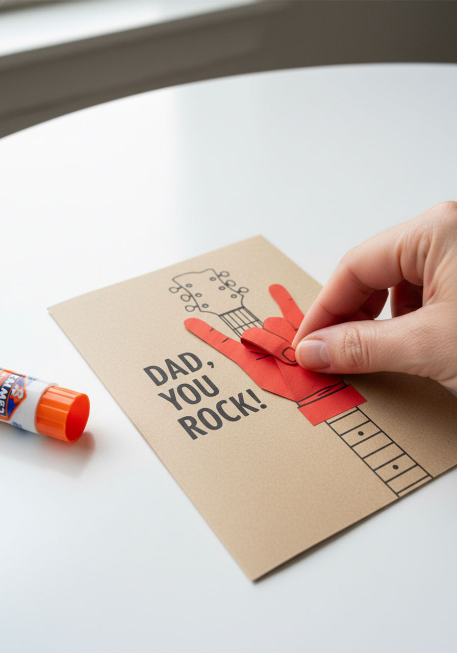 Pressing red paper handprint onto Dad Rocks guitar Father's Day card to form guitar body at neck base